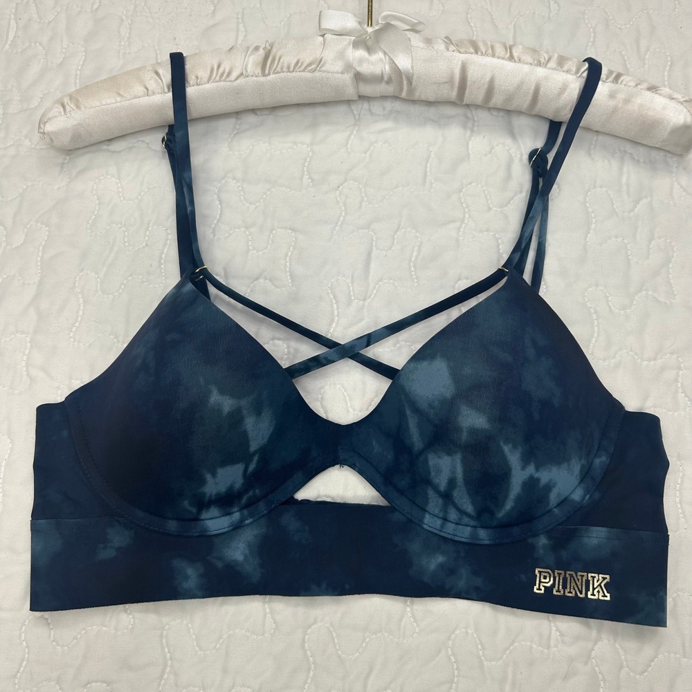 PINK Victorias Secret Bonded Push Up Bra S Blue Tie Dye Strappy Wireless Sporty